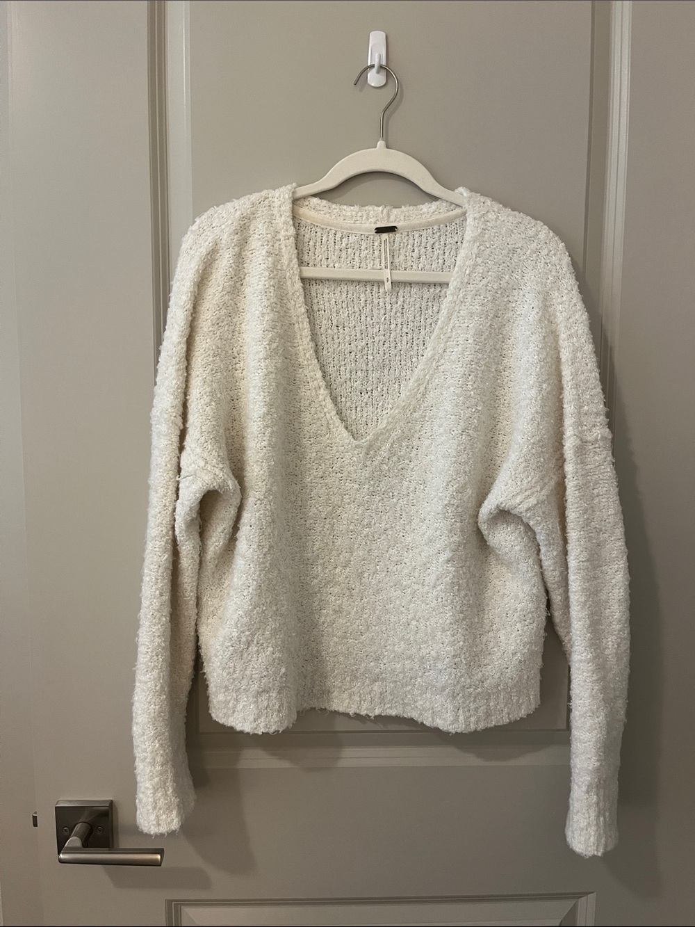 Free People Cream Bouclé V-Neck Sweater